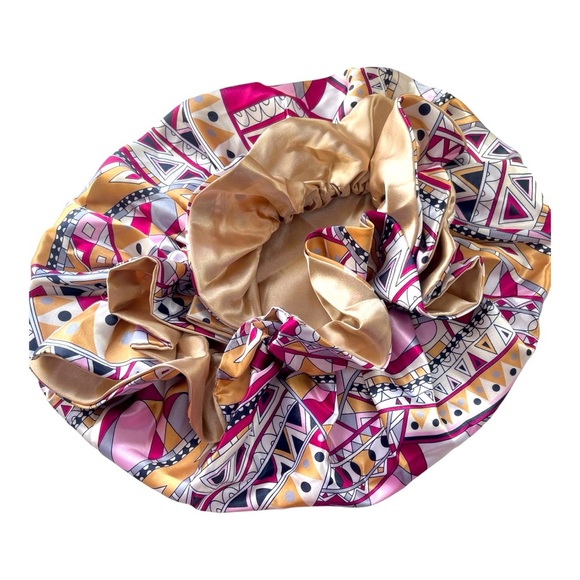 Luxury Reversible Satin Bonnet – Gold & Geometric Print - Picture 1 of 2